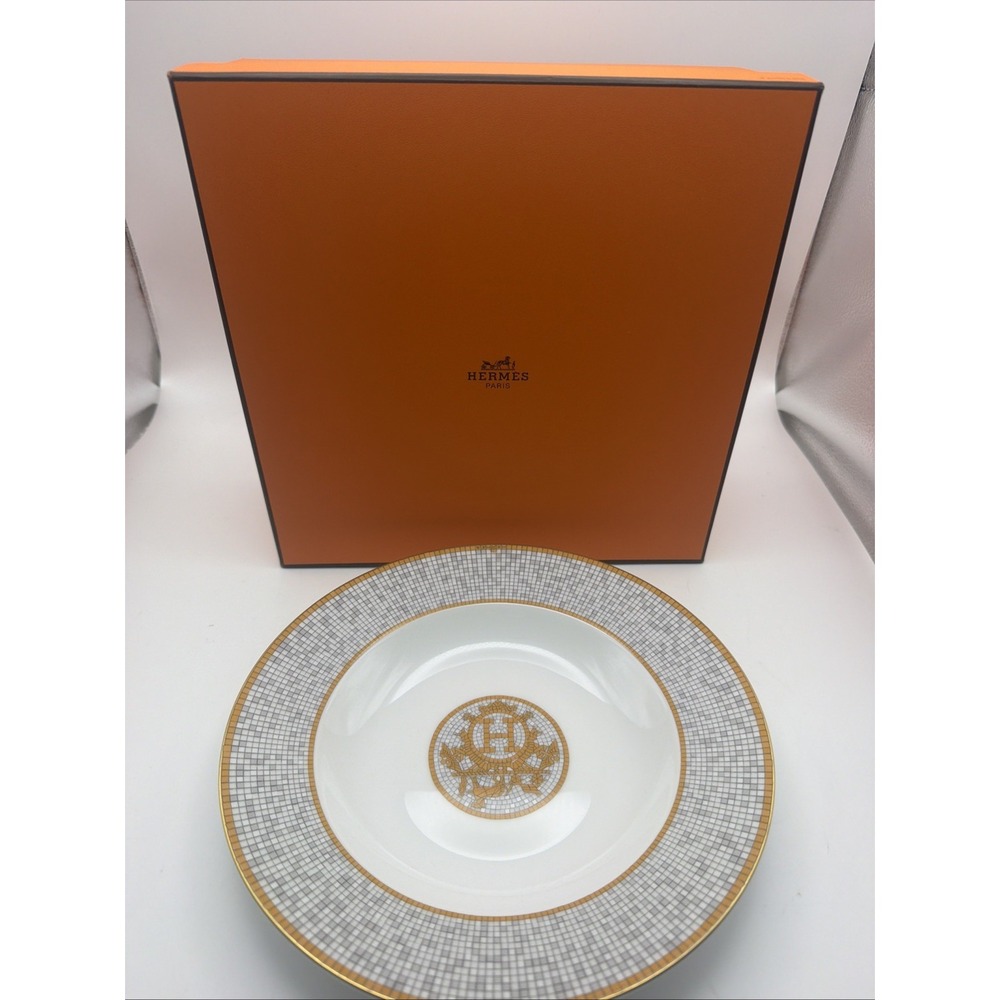 Hermes Mosaique au 24 Gold Rimmed Soup Bowl Plate 9" Porcelain w/ Box